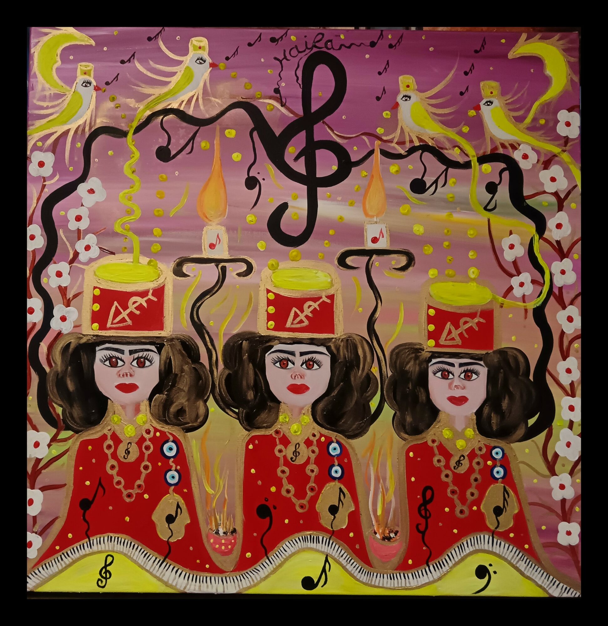 Three women with candles on their heads, holding hands, surrounded by flowers and musical symbols, in a colorful, artistic style.