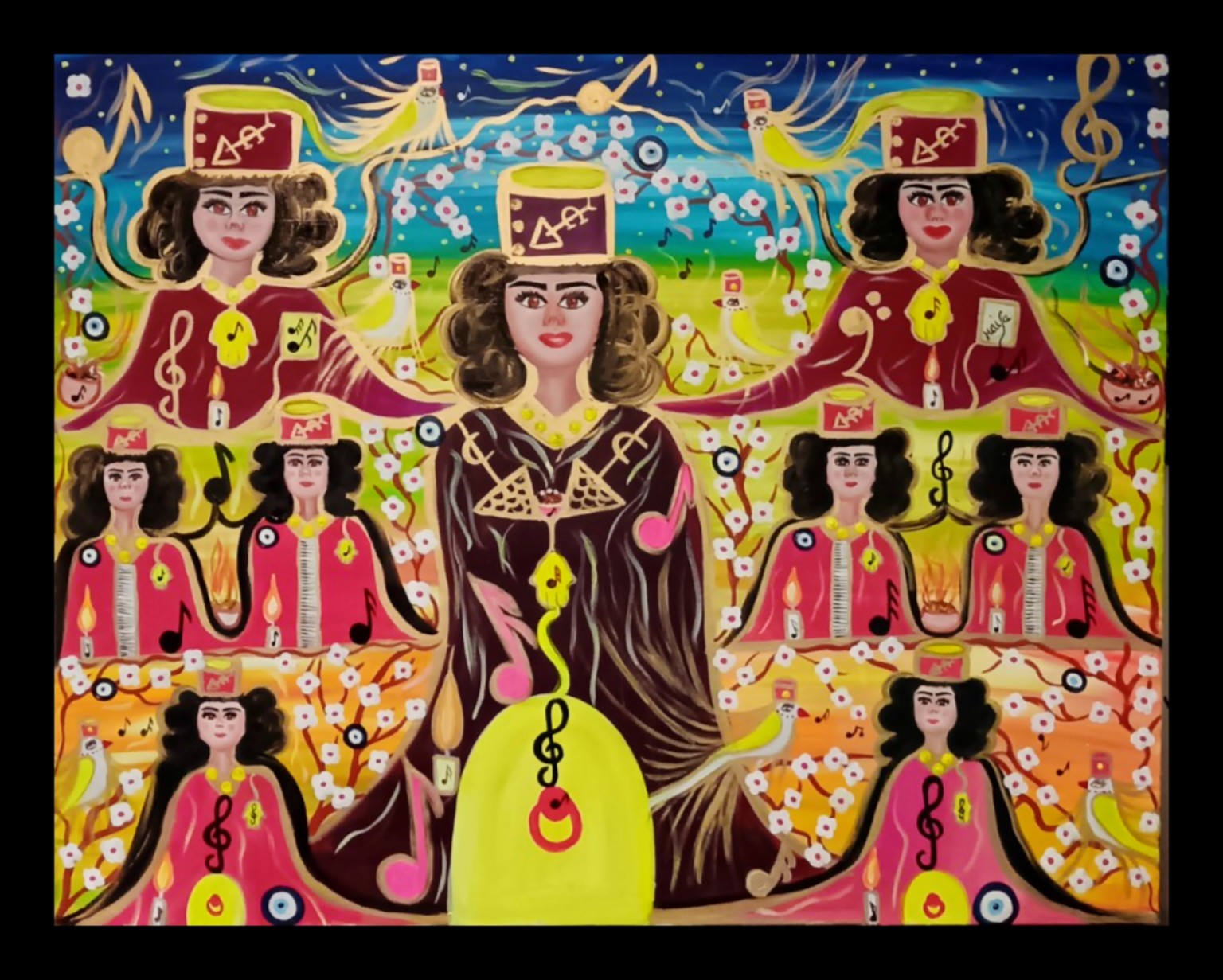 Colorful painting of women in vibrant costumes with musical notes and abstract background, central woman with long hair and yellow dress.
