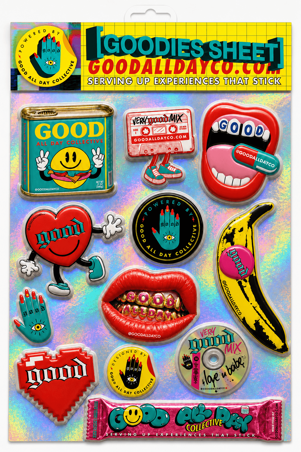 Sheet with colorful stickers including a smiley face, heart, banana, and various text designs, on a yellow background.