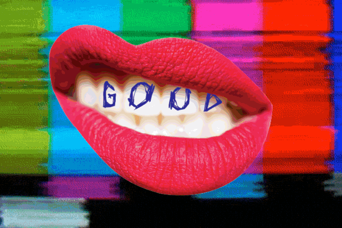 Lips with teeth spelling 'GOOD' against a colorful, distorted background.