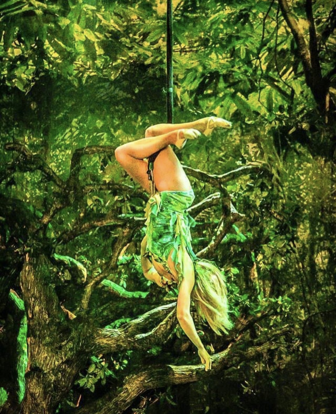 Person performing aerial acrobatics on a green fabric in a forest setting, hanging upside down from a pole, surrounded by trees.