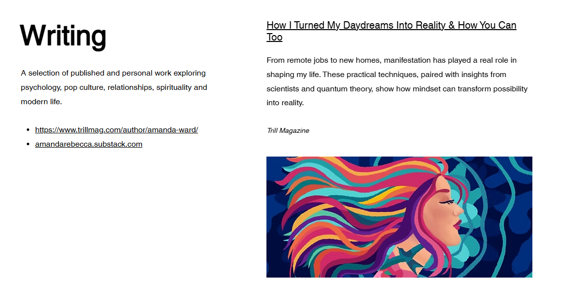 Text about writing and personal growth, with a colorful illustration of a woman with flowing hair, facing right.