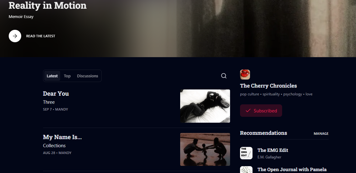 Screenshot of a website titled 'Reality in Motion' with sections for latest posts, recommendations, and a search bar.