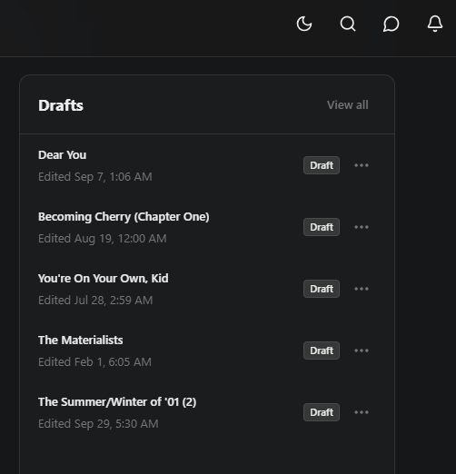 Screenshot of a digital document with a list of drafts, including titles and edit dates, on a dark background.