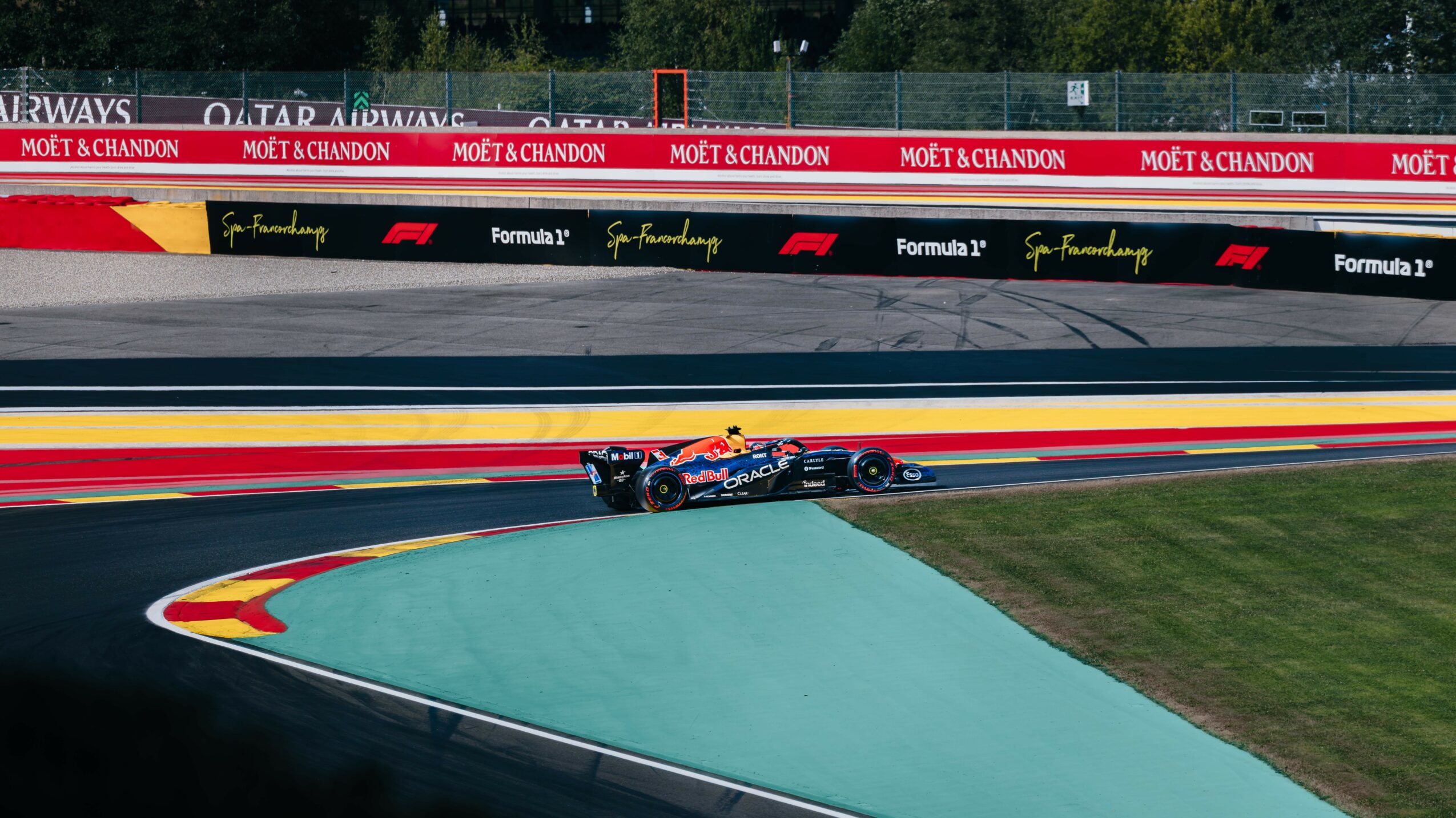 Race car on a track with colorful curbs and advertising banners, surrounded by green grass and trees.