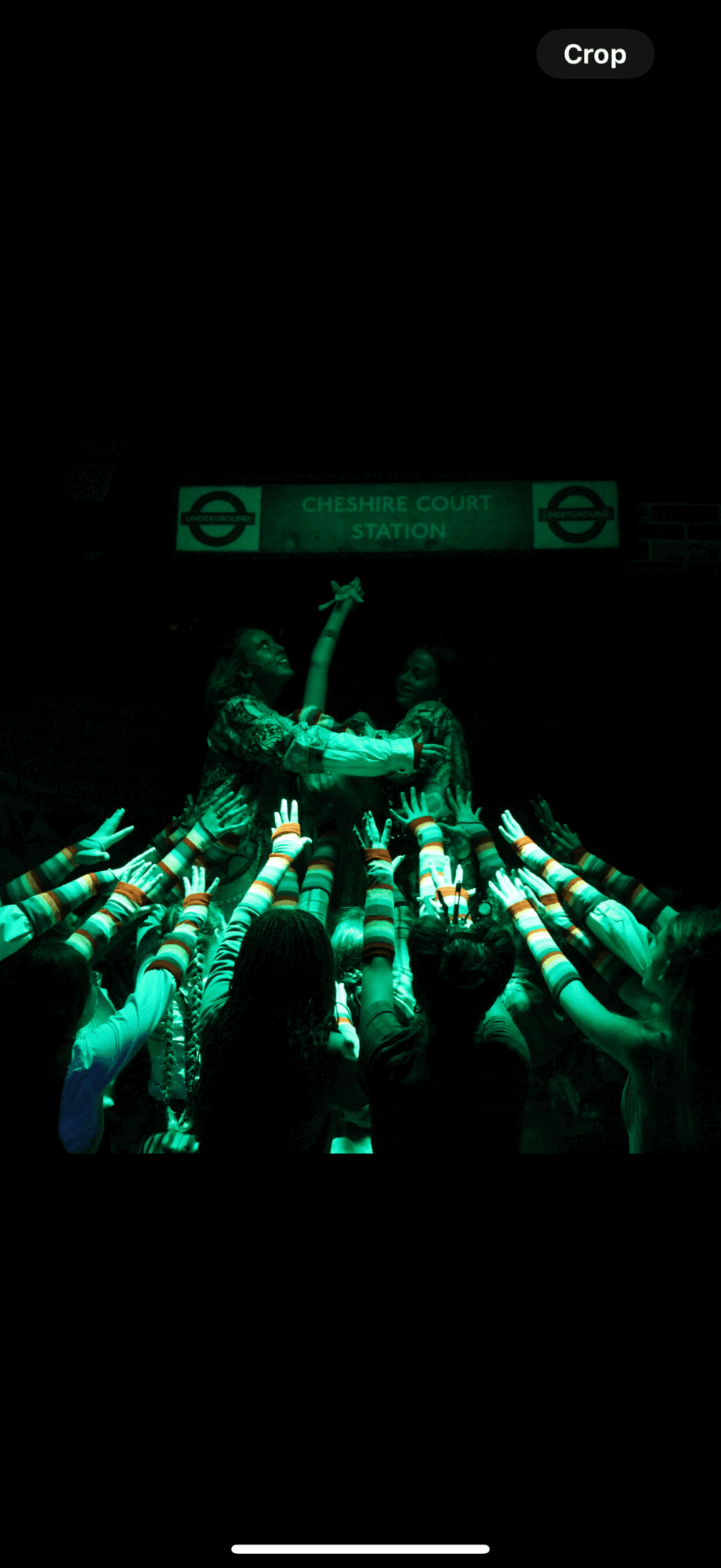 Two performers on stage with raised arms, surrounded by an audience with hands up, in a dark setting with green lighting.