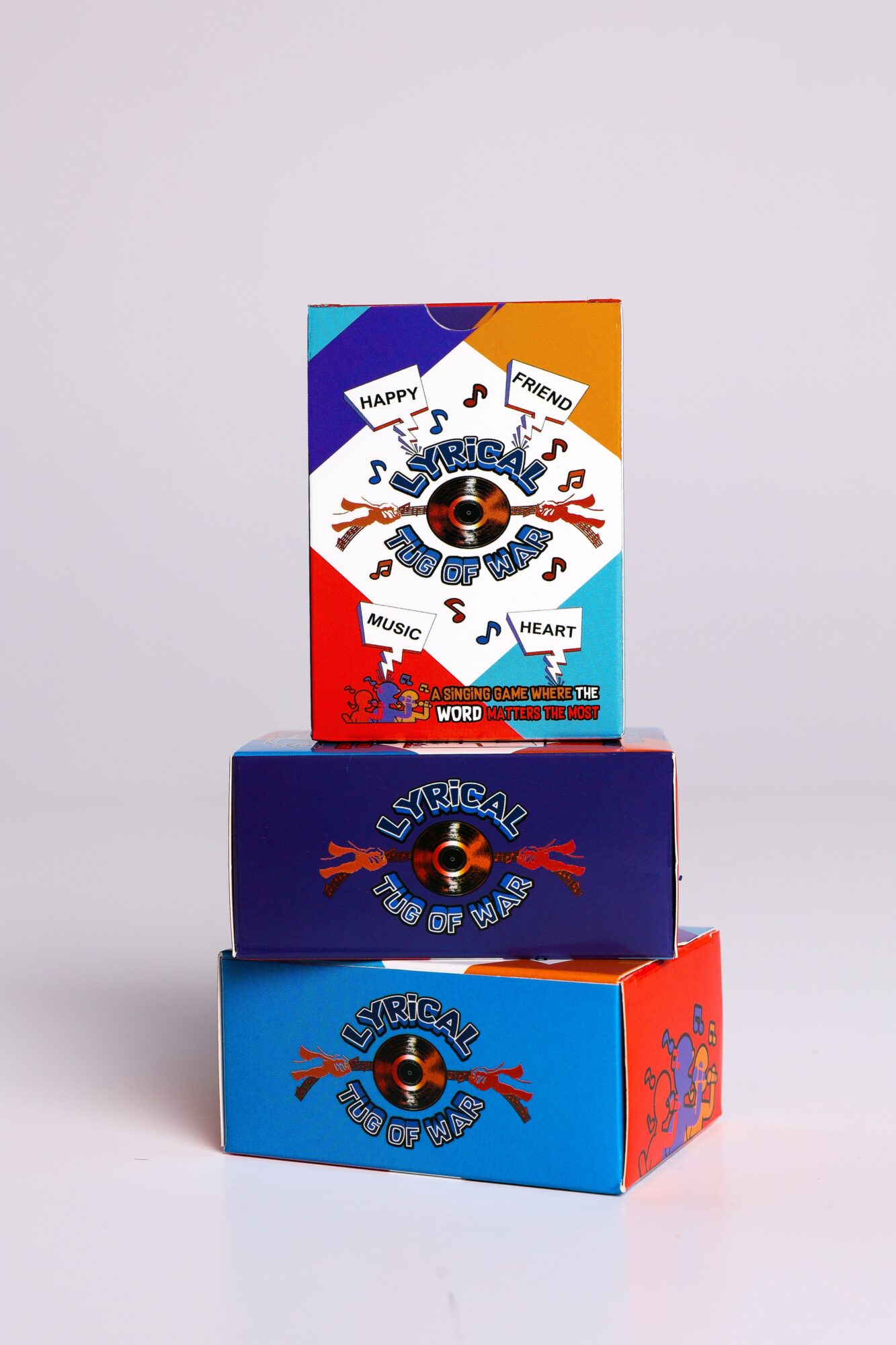 Three colorful boxes stacked vertically with musical and lyrical themes, featuring text and graphics on a plain background.