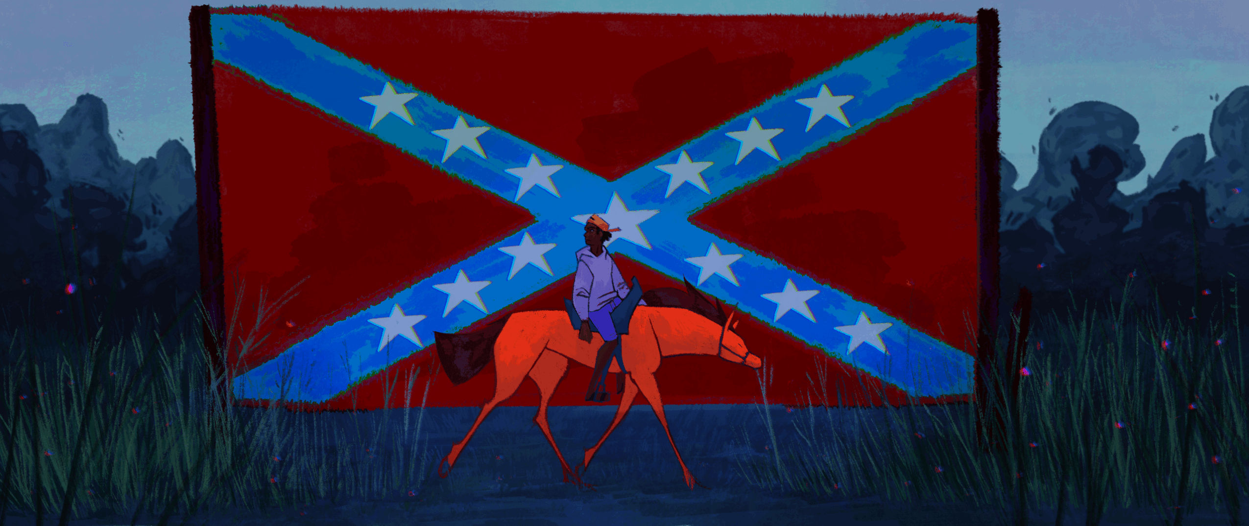 Person riding a horse in front of a large Confederate flag with a blue cross and white stars, outdoors at dusk.