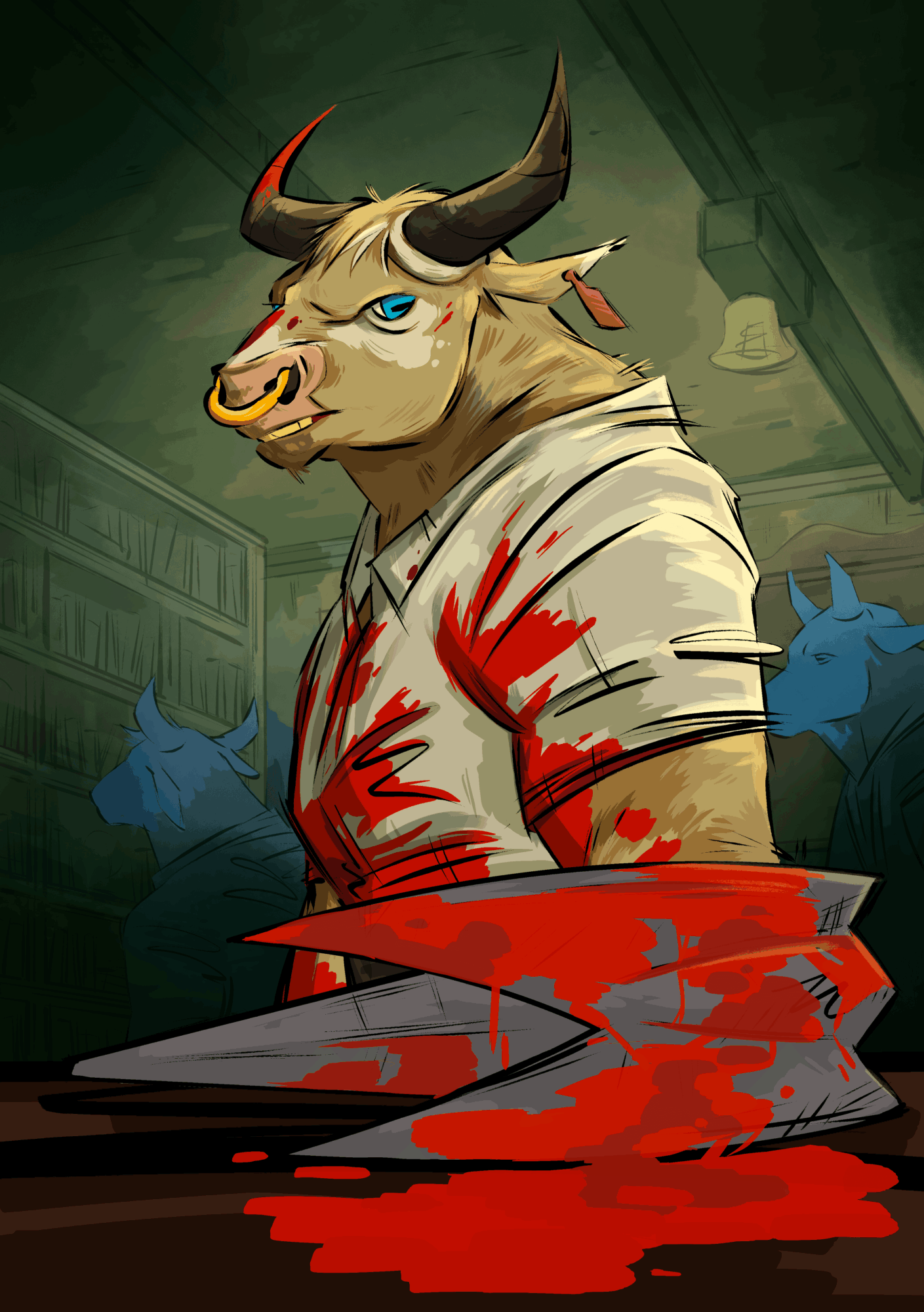 Anthropomorphic bull with blue eyes and bloodstained white shirt in a dark room, surrounded by blue creatures, with blood on the table.