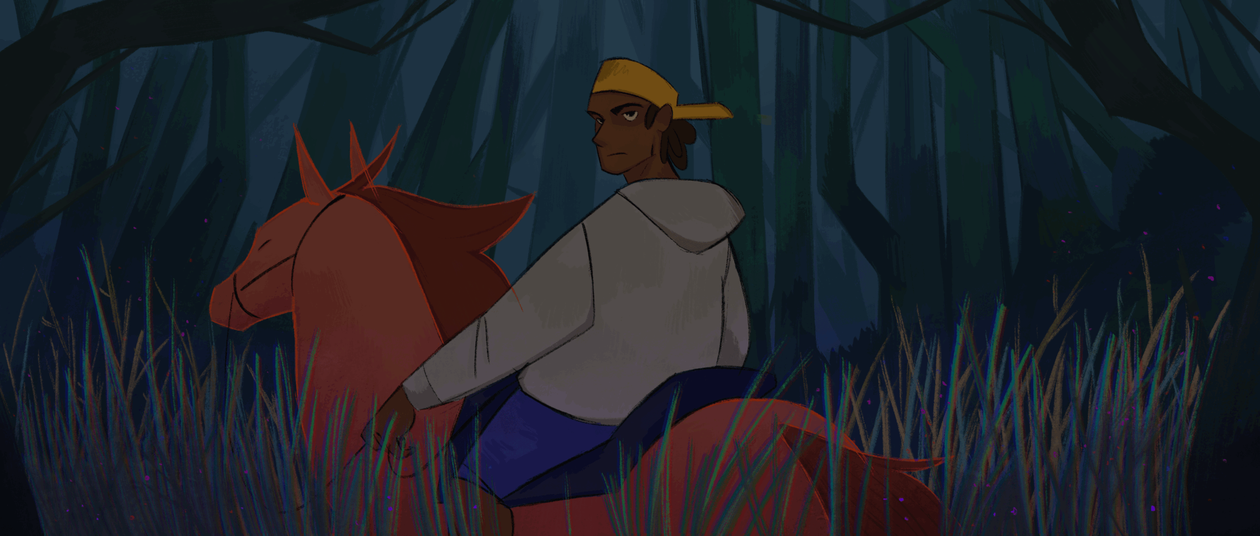 Person with yellow cap riding a horse in a forest with tall grass and trees.