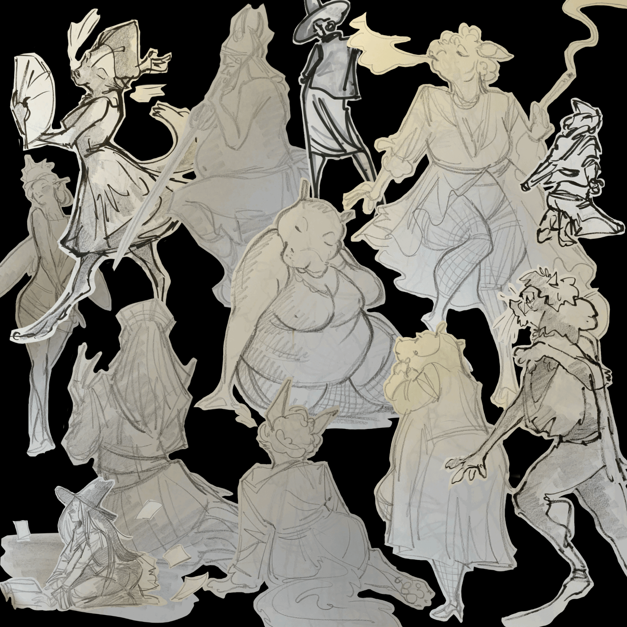 Collection of fantasy characters, including a wizard, a bear, a woman with a flower, and a man with a pipe, on black background.