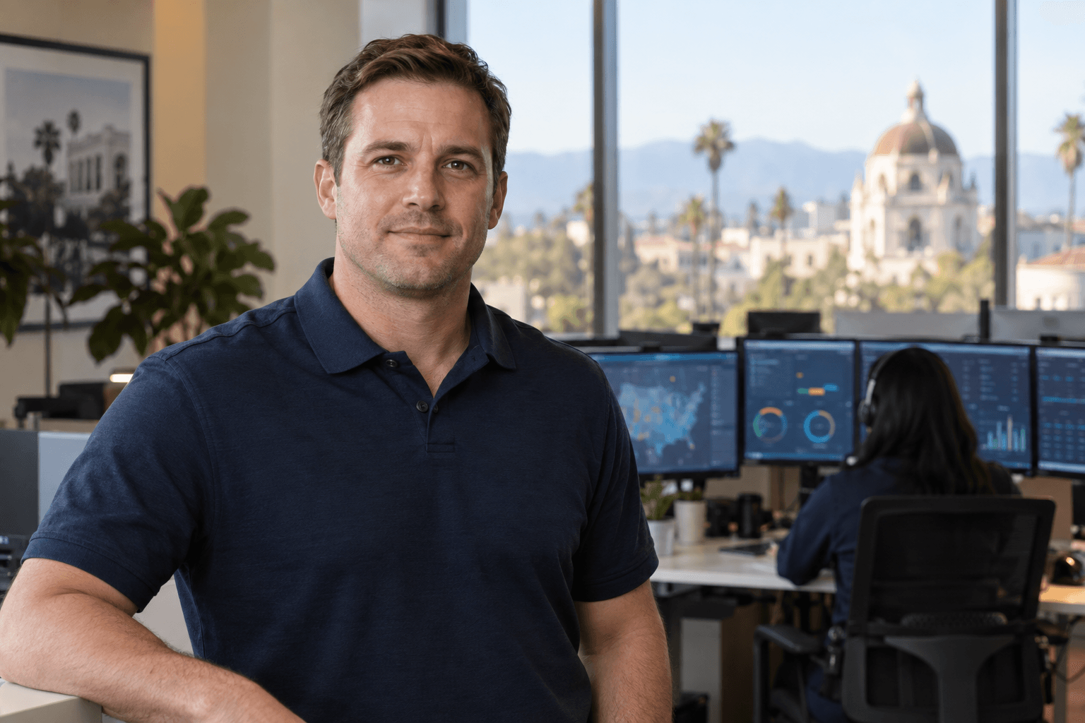 Man in navy polo shirt standing in office with multiple computer monitors and cityscape view behind him.