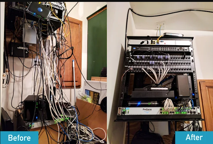 Side-by-side images showing disorganized and organized network equipment and cables in a room.
