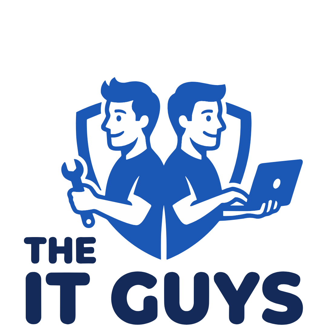 Two cartoon men back-to-back, one holding a wrench, the other using a laptop, with shield behind them, and text below.