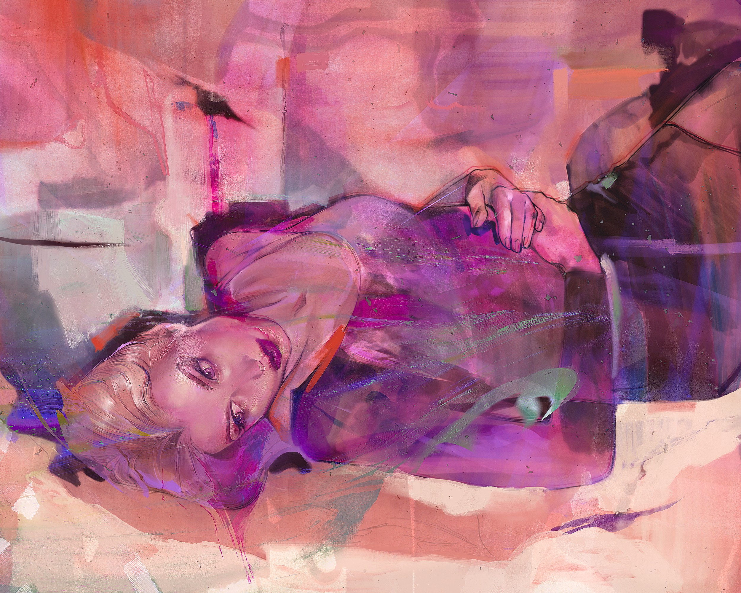 A woman with blonde hair lying on her side, wearing a purple top, in a colorful abstract background.