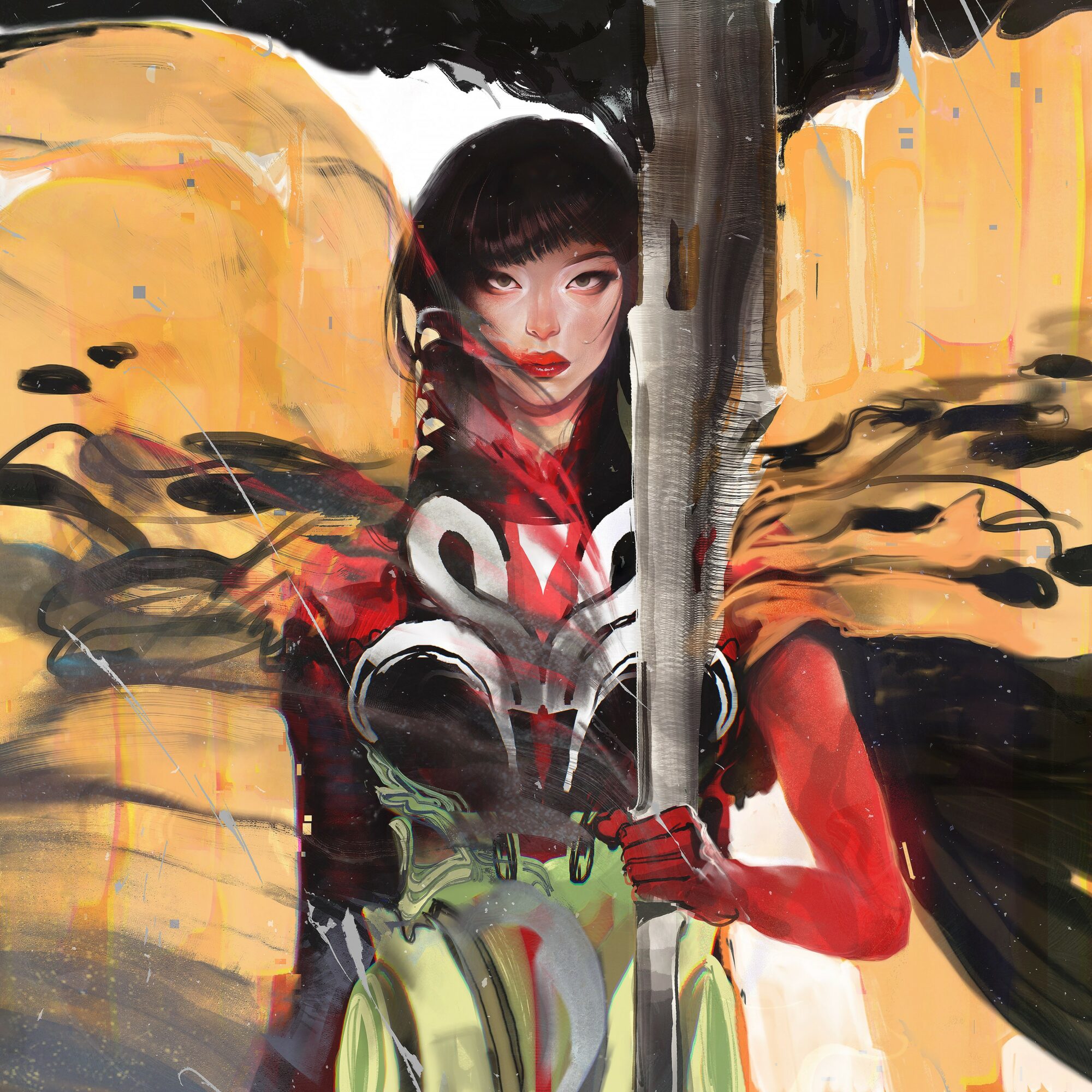 A woman with dark hair and bangs holds a large sword, standing in front of a colorful abstract background.