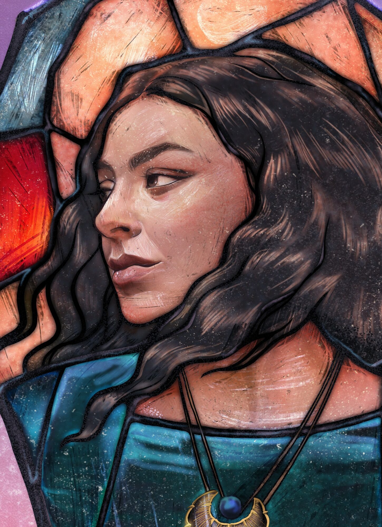 Portrait of a woman with long dark hair, looking to the side, with a colorful stained glass background.