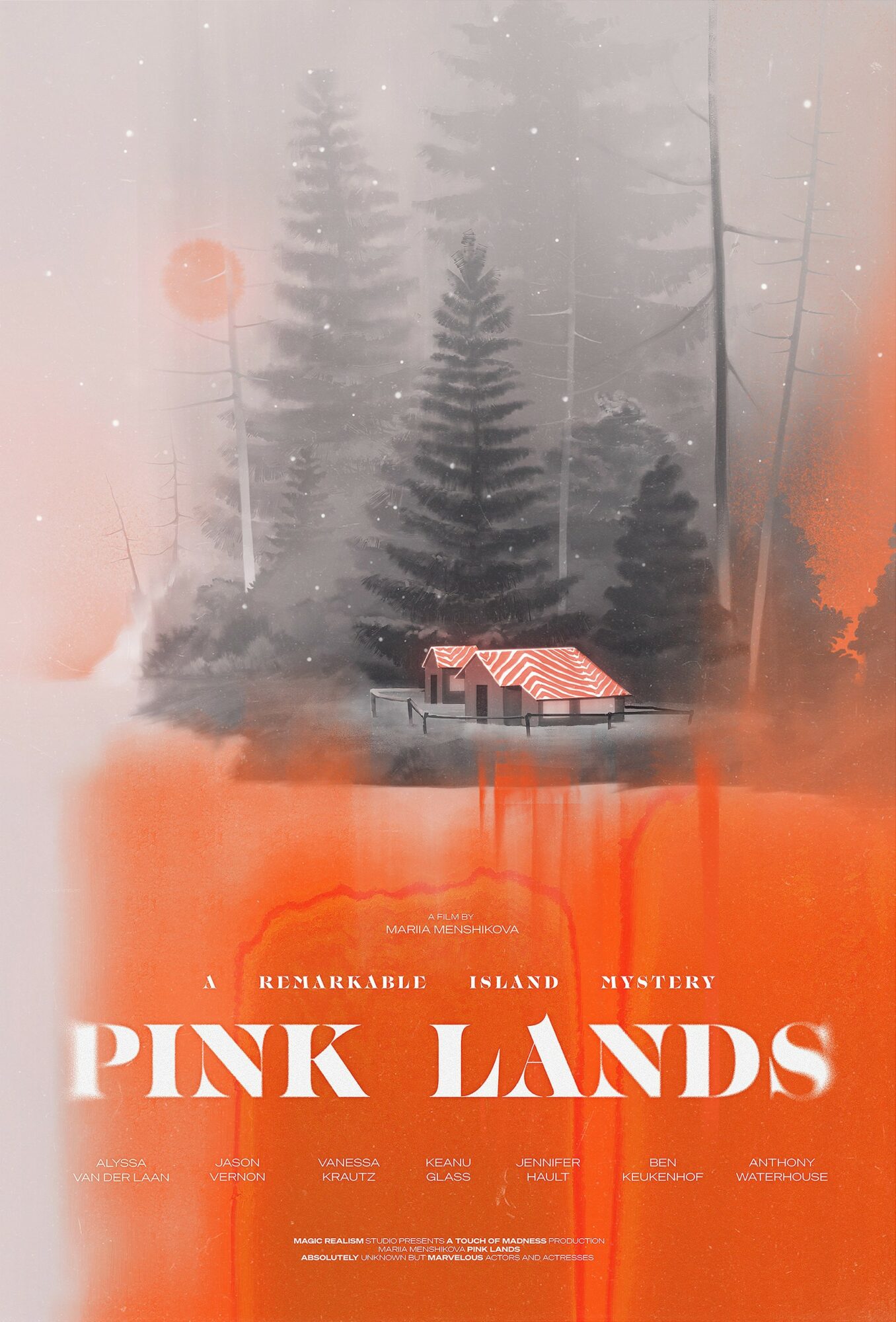 A foggy landscape with tall trees, a small house, and a pink sun in the sky, with orange hues at the bottom.
