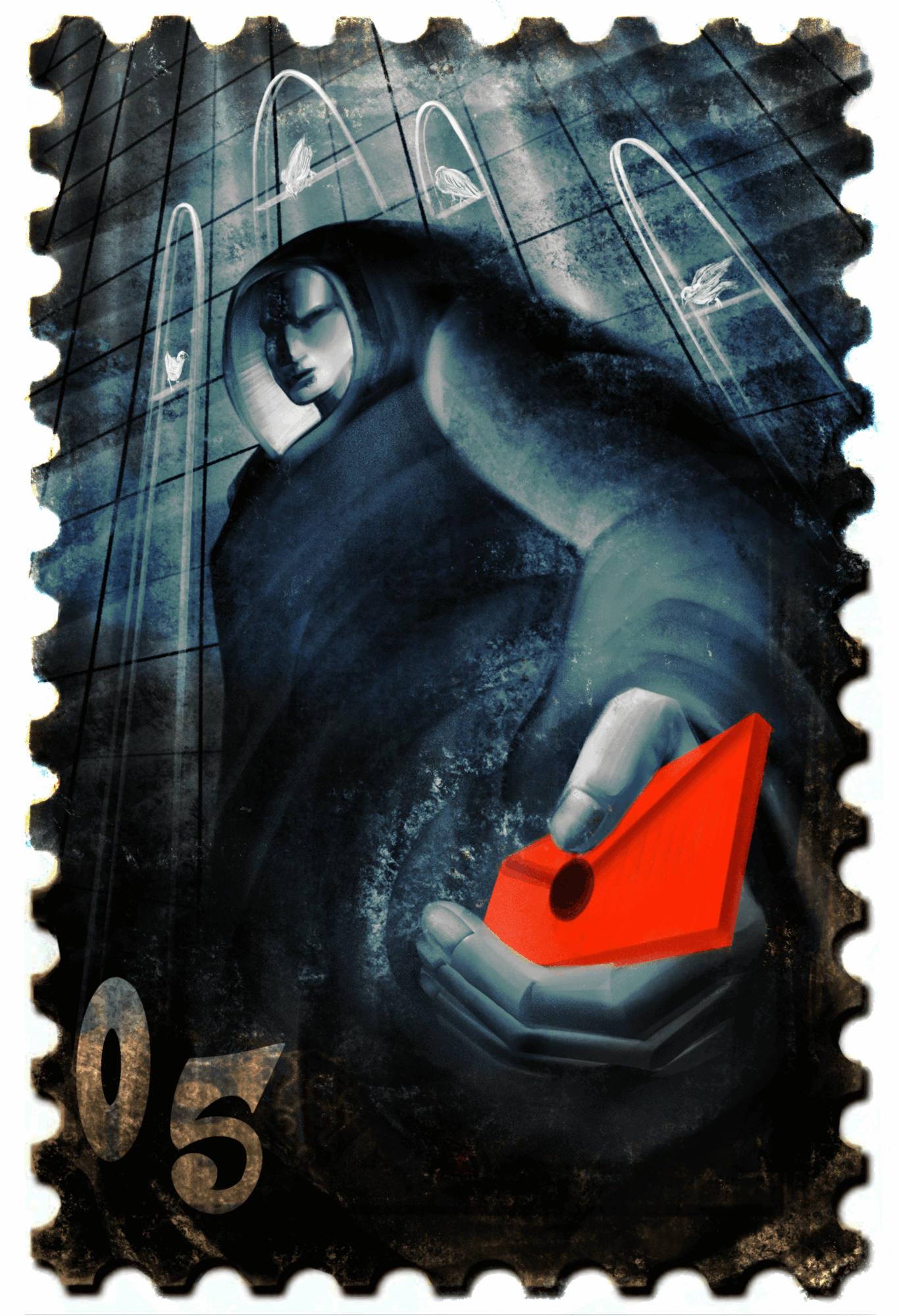 Person in dark clothing holding a red object, with a futuristic cityscape background, dark tones, and glowing elements.