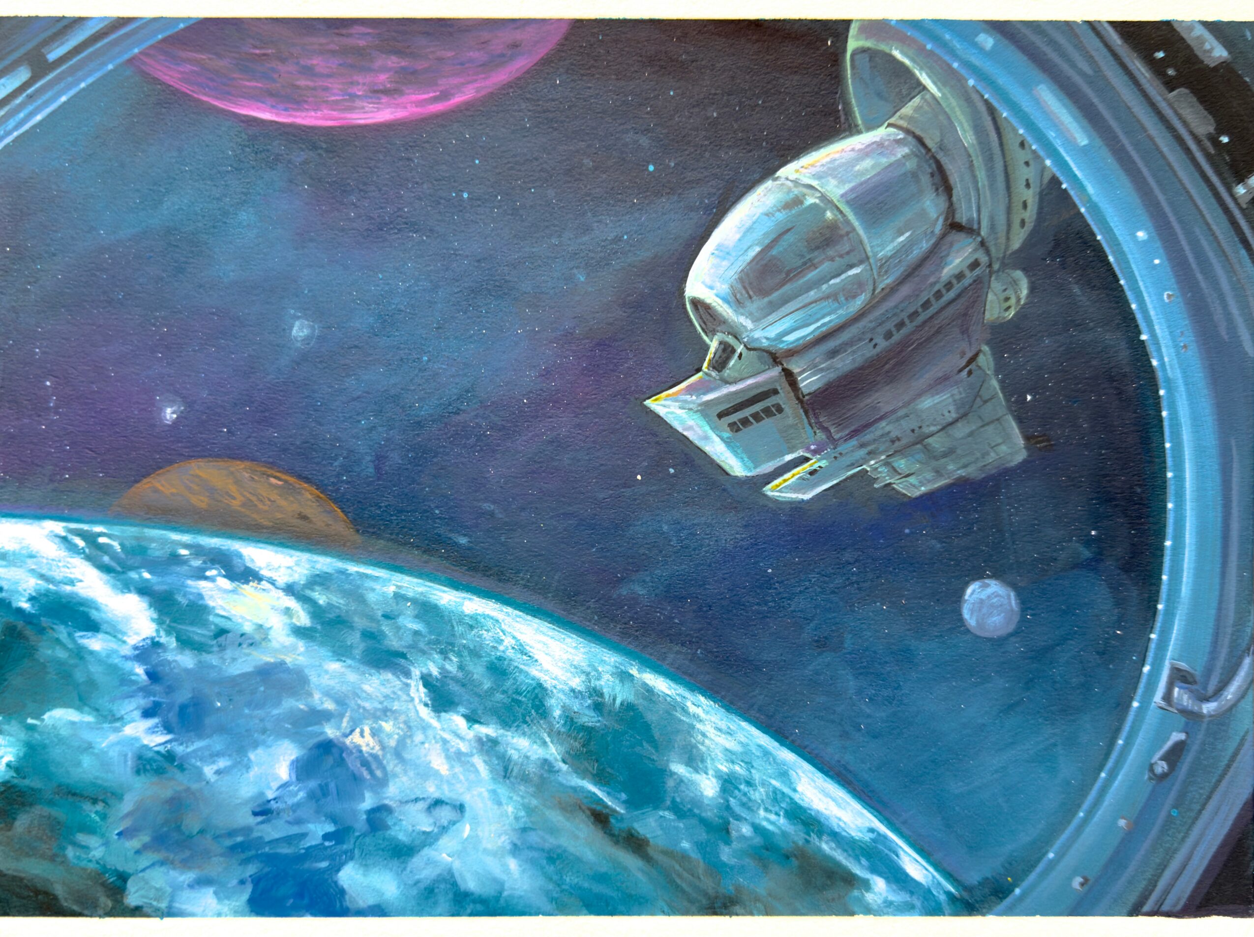 View of Earth from space with a spacecraft and planets in the background.