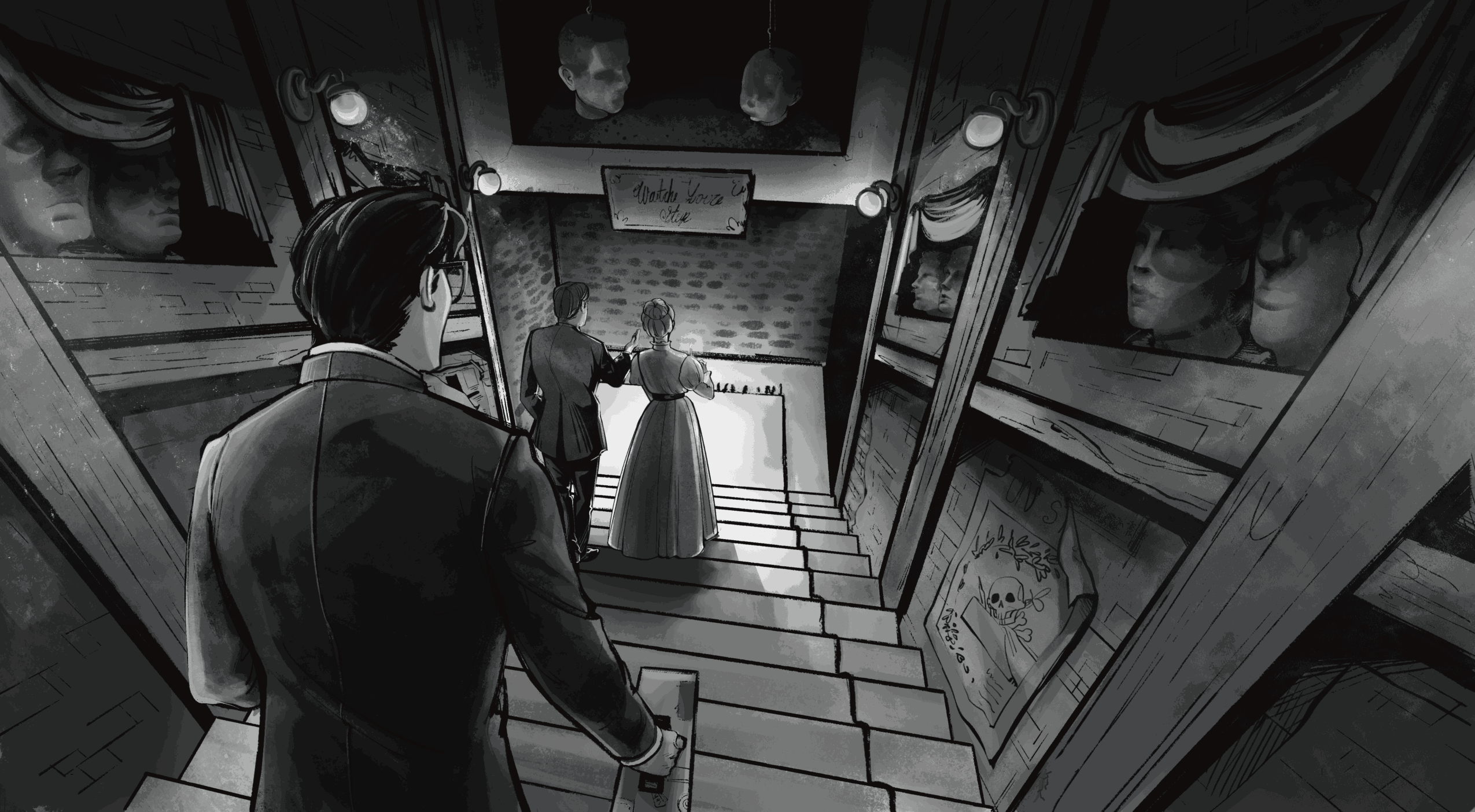 People descending a staircase in a vintage theater with posters and curtains, viewed from above in black and white.