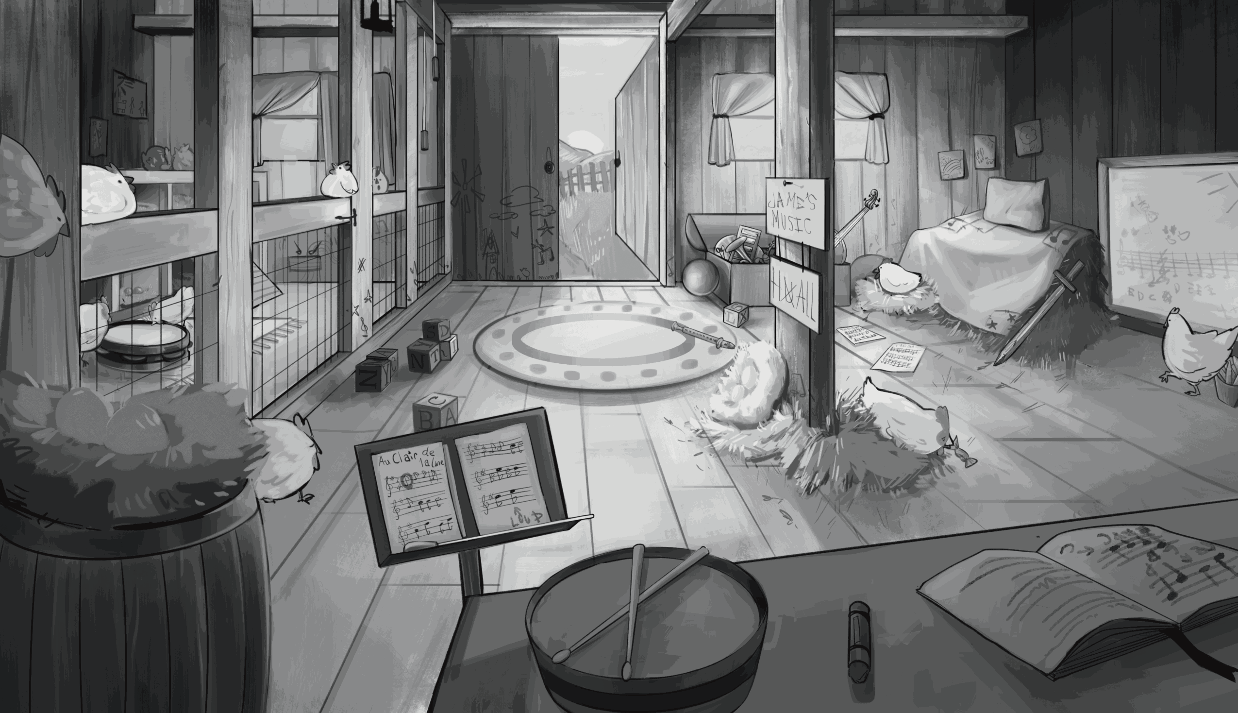 A cozy room with a circular rug, books, and animals, viewed from a desk with an open book and writing tools.