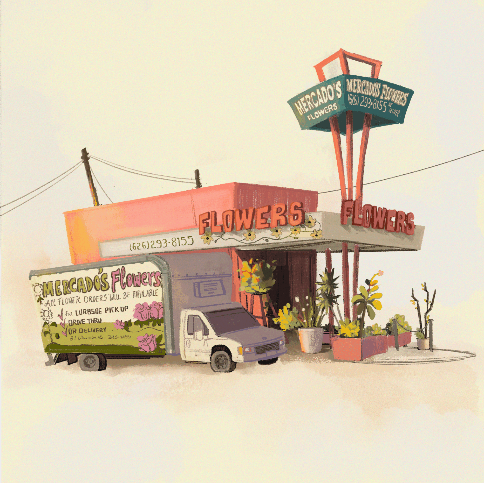 A flower shop with a delivery truck parked outside, colorful potted plants, and a sign reading 'Flowers'.
