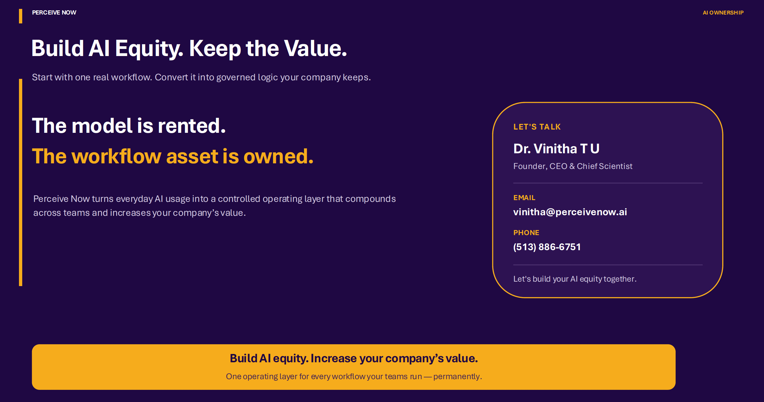 Slide with text about AI model ownership and workflow asset, contact info for Dr. Vinitha TU, and a yellow footer bar.