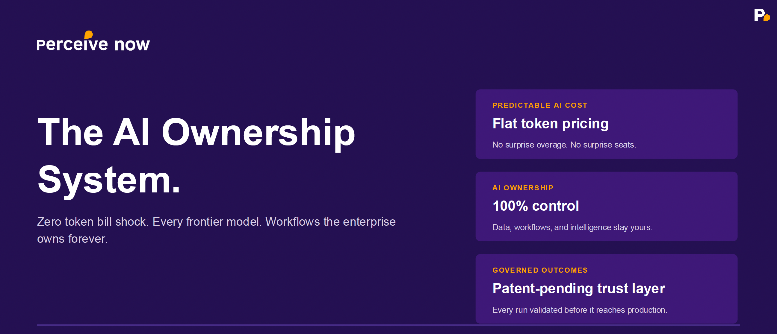 Text on a purple background promoting AI ownership system and features, including pricing, control, and trust layer.