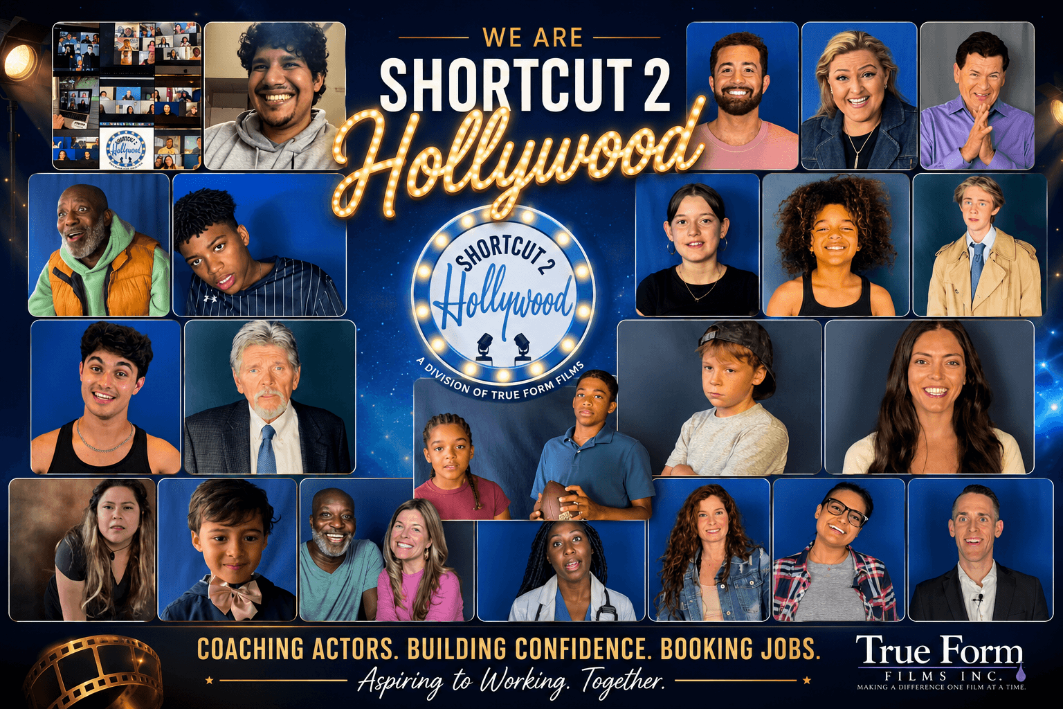 Group of diverse people and actors in a collage with Hollywood and coaching theme, blue background, text, and logo.