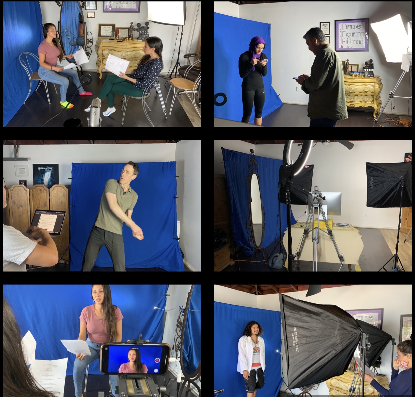 Six images of a photo shoot with models and crew, blue backdrop, studio equipment, and a person filming with a smartphone.