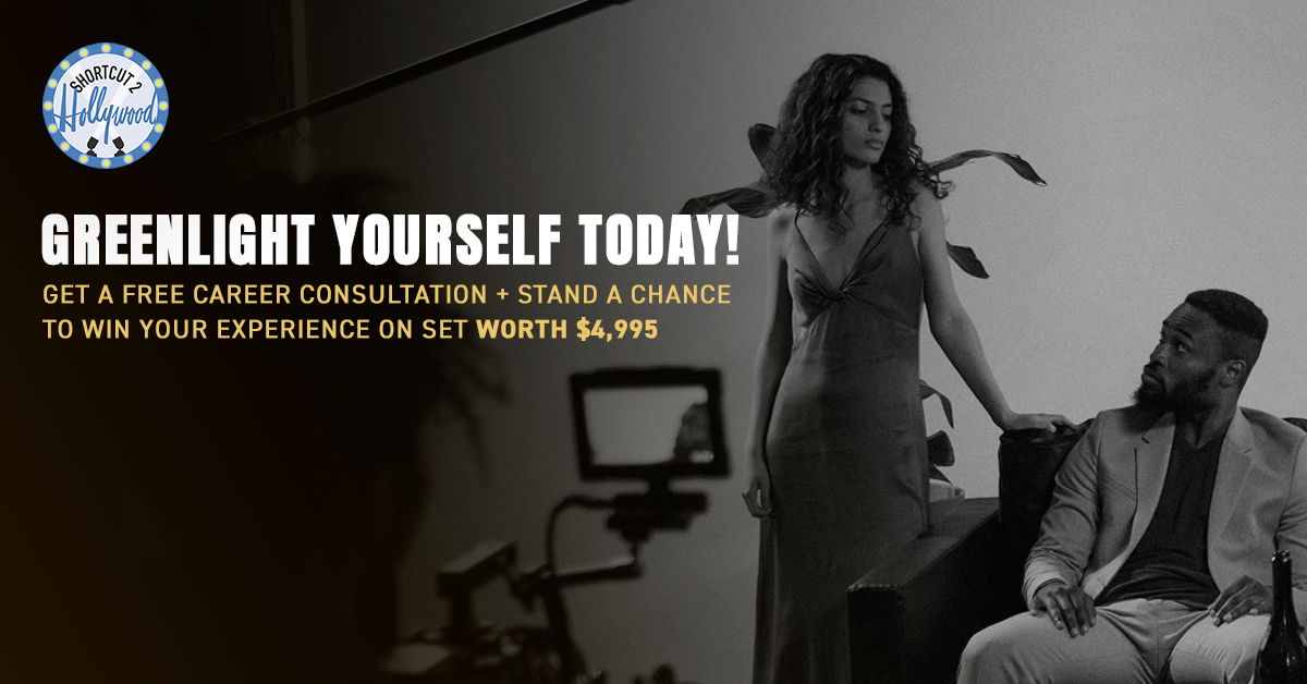 Black and white photo of a woman standing and talking to a seated man, with camera equipment visible, promoting career consultation.