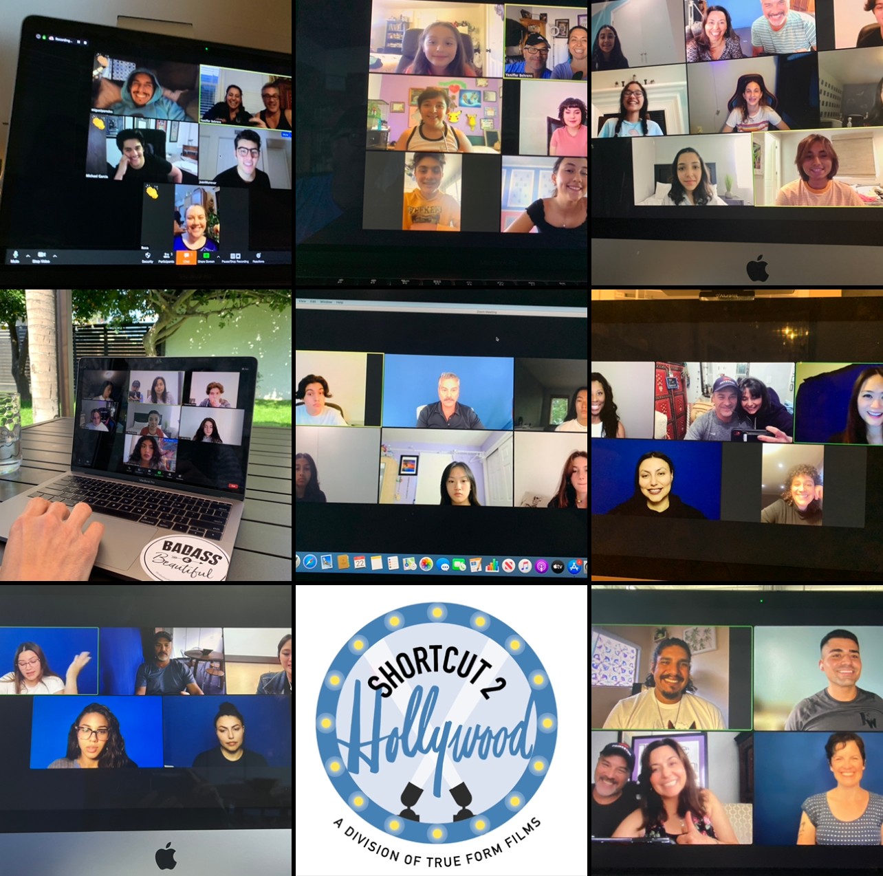 Collage of six screenshots of virtual meetings with diverse people, a laptop, and a logo reading 'Shortcut 2 Hollywood'.