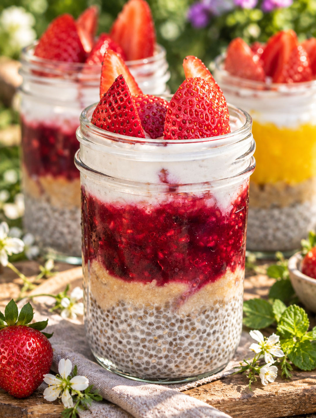 Three jars filled with layered chia pudding, fruit, and toppings, with strawberries on top, outdoors with flowers and greenery