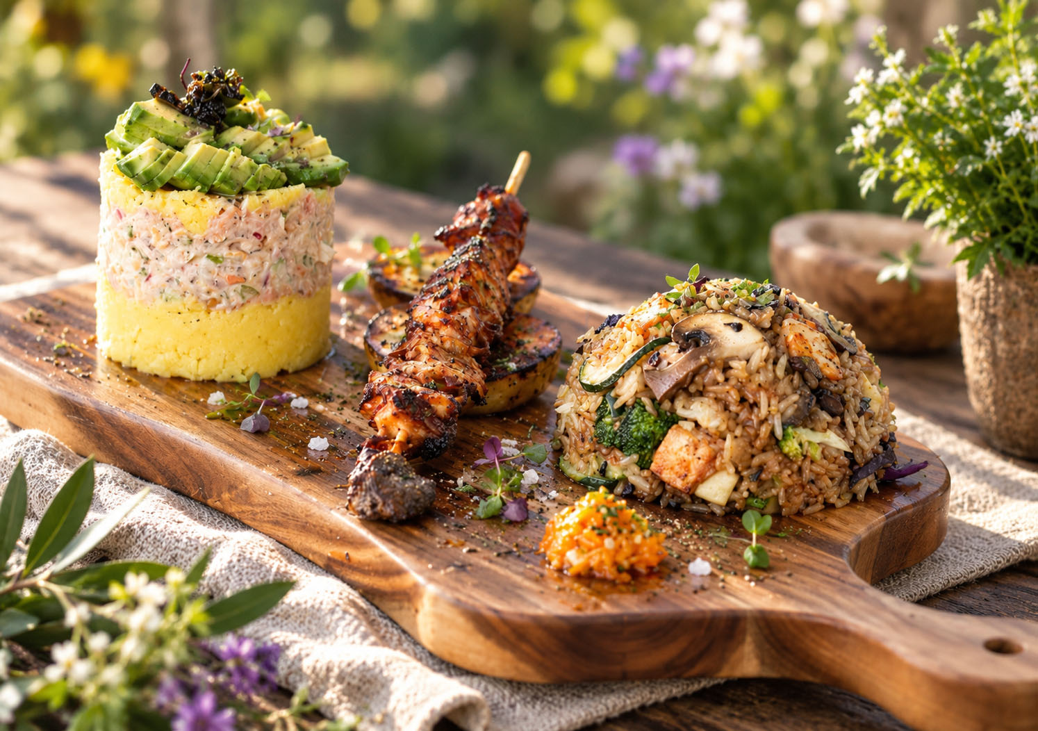 Three food items on a wooden board: a layered salad, a skewer of grilled meat, and a rice dish with vegetables and chicken, outdoors.