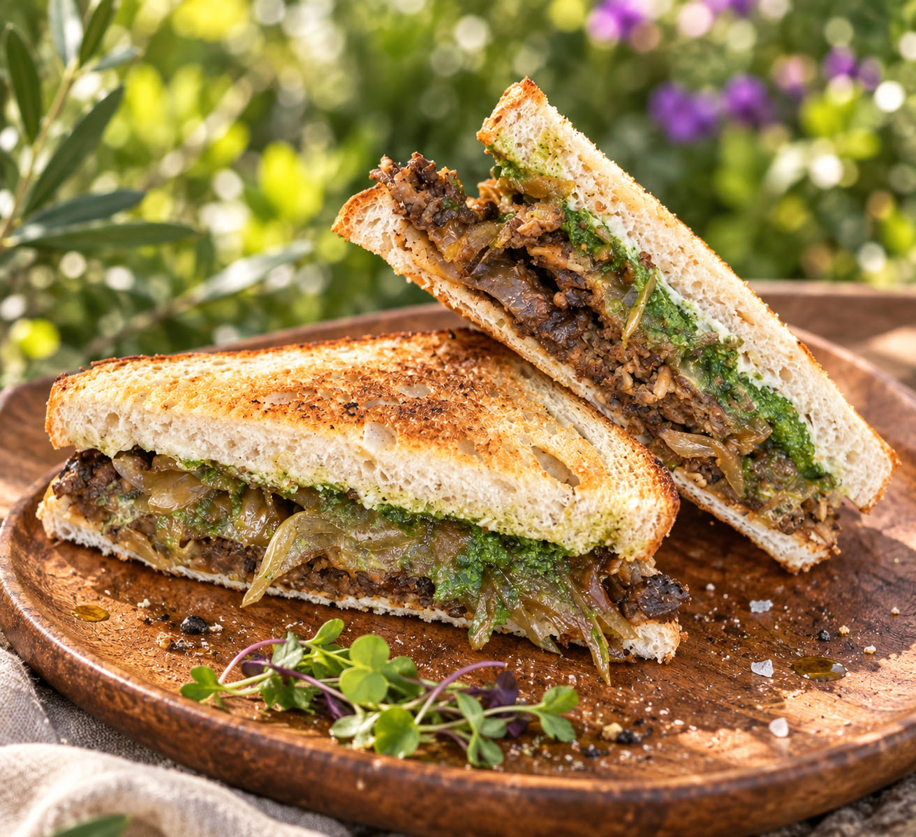 Two toasted sandwiches with meat, vegetables, and melted cheese on a wooden plate, garnished with herbs, outdoors with greenery and flowers.