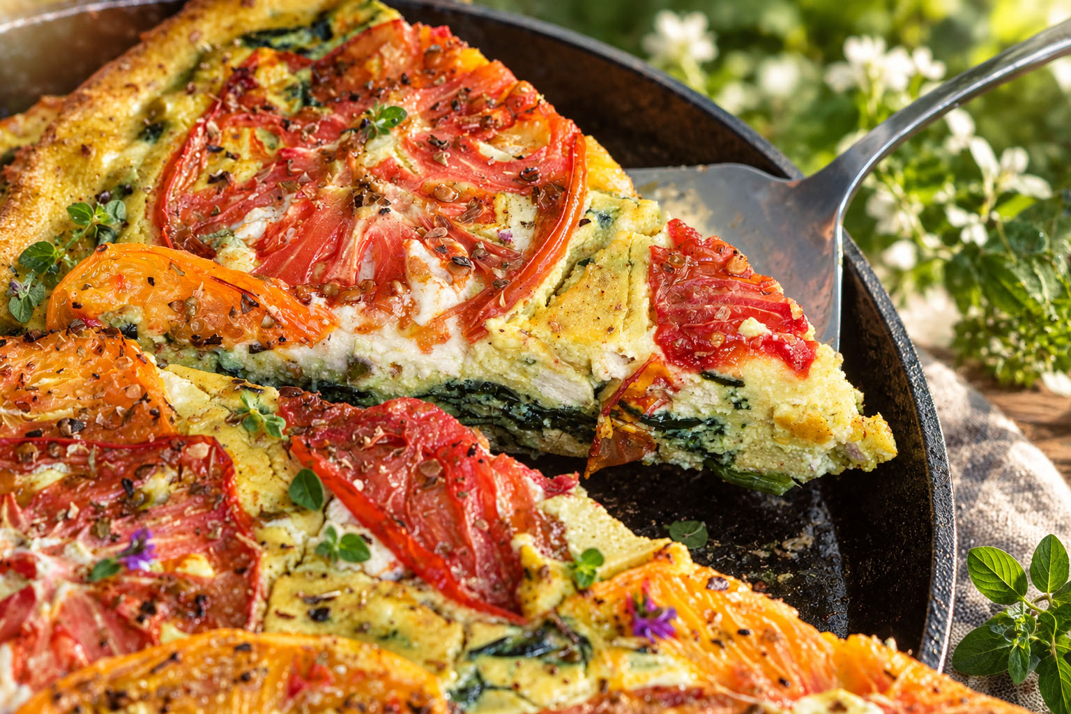 Slice of vegetable quiche with tomatoes, spinach, and herbs in a black pan, outdoors with greenery in background.