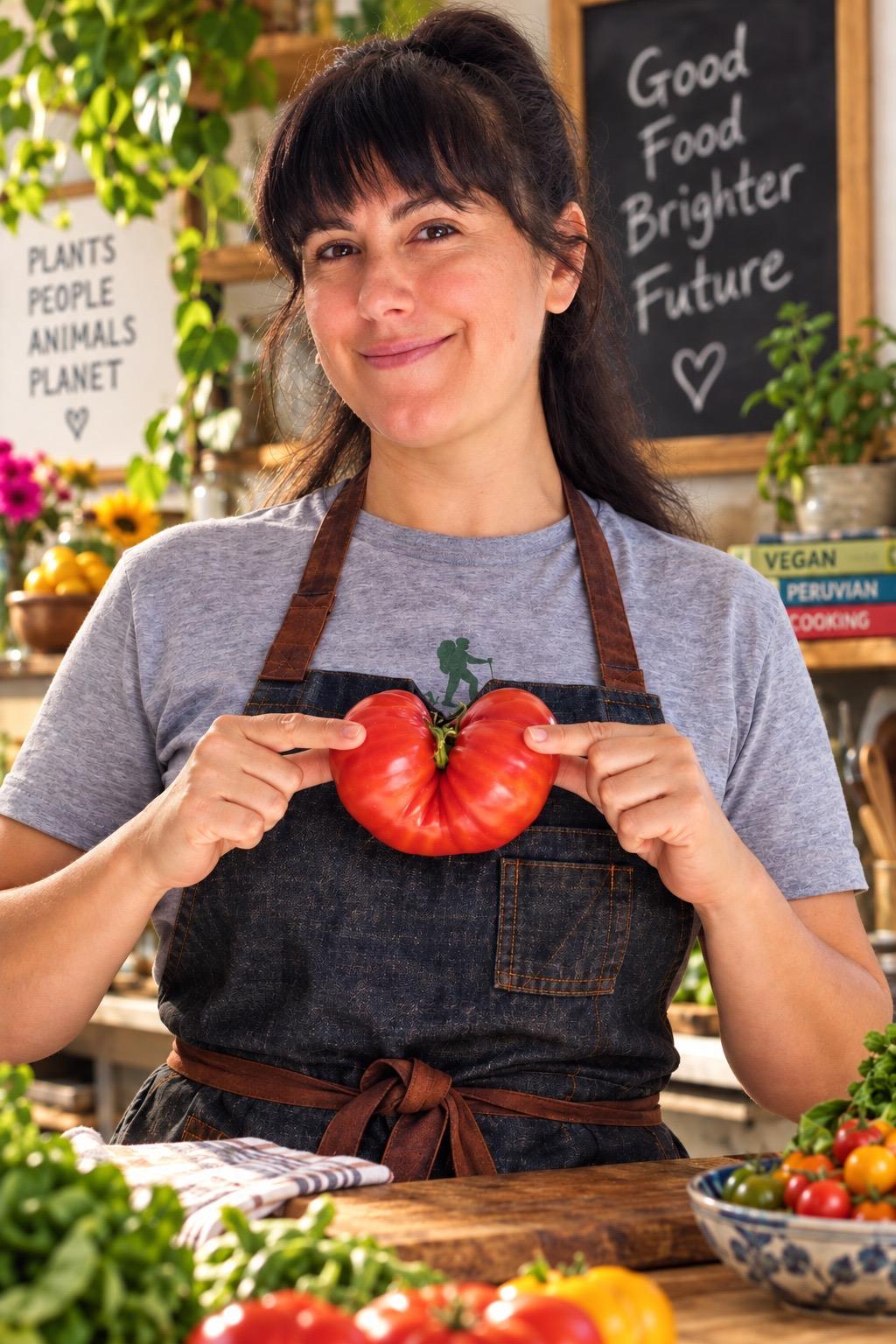 Woman in apron holding a red tomato in a market or grocery store, surrounded by fresh produce and plants.