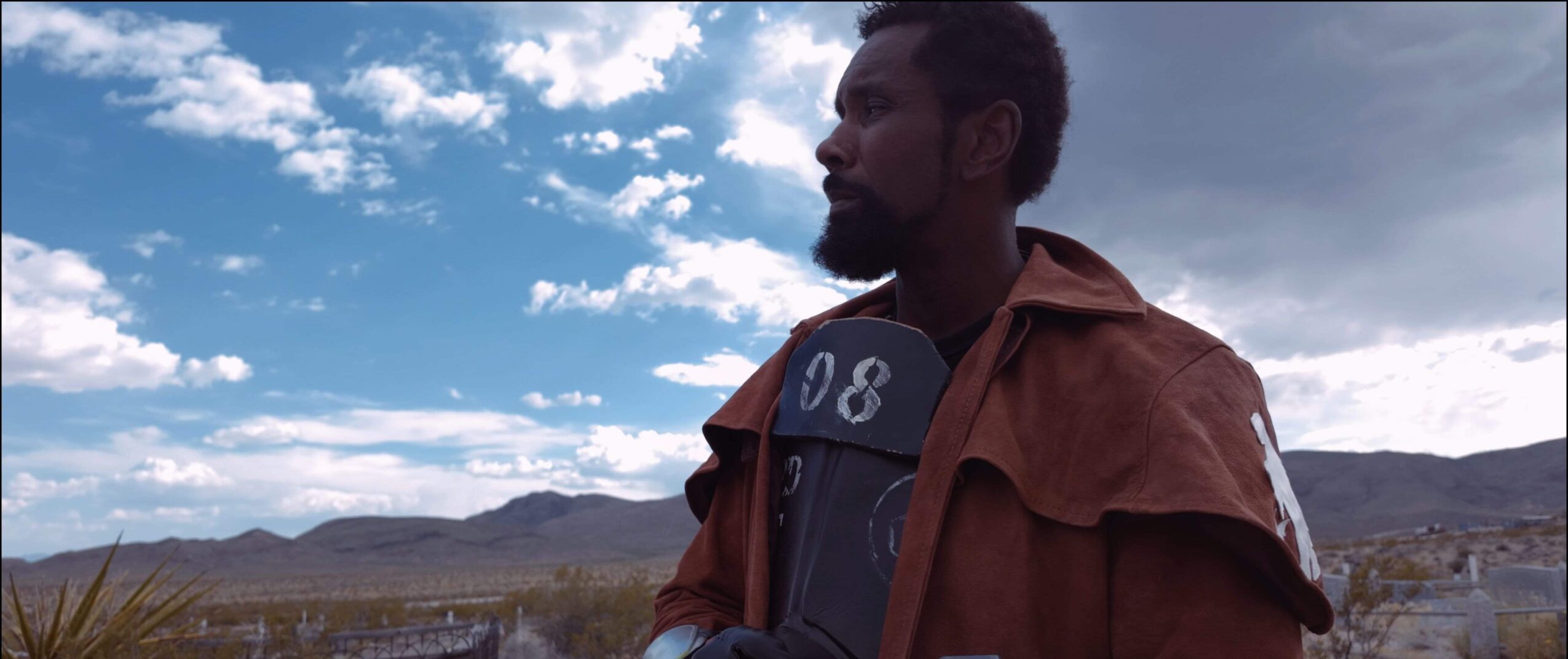 Man with a beard and curly hair stands outdoors against a cloudy sky and mountains, wearing a brown jacket.