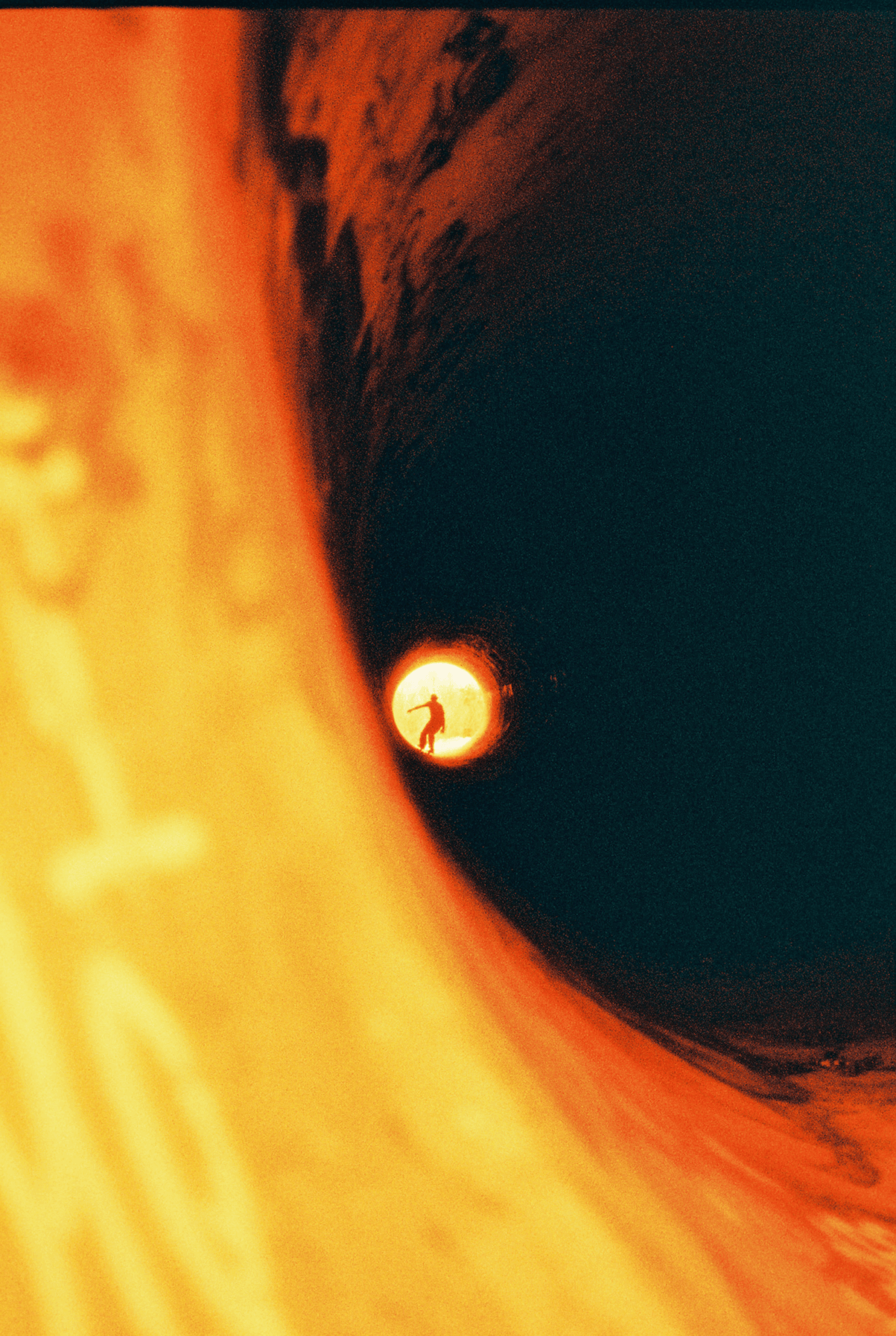 Person walking on a narrow, curved path with a bright sun in the background, surrounded by dark and fiery colors.