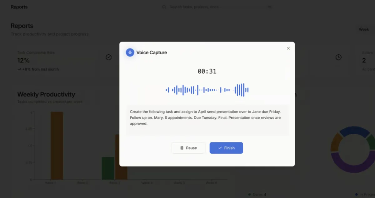 Voice capture recording interface with waveform and timer, showing 31 seconds, and options to retake or proceed.