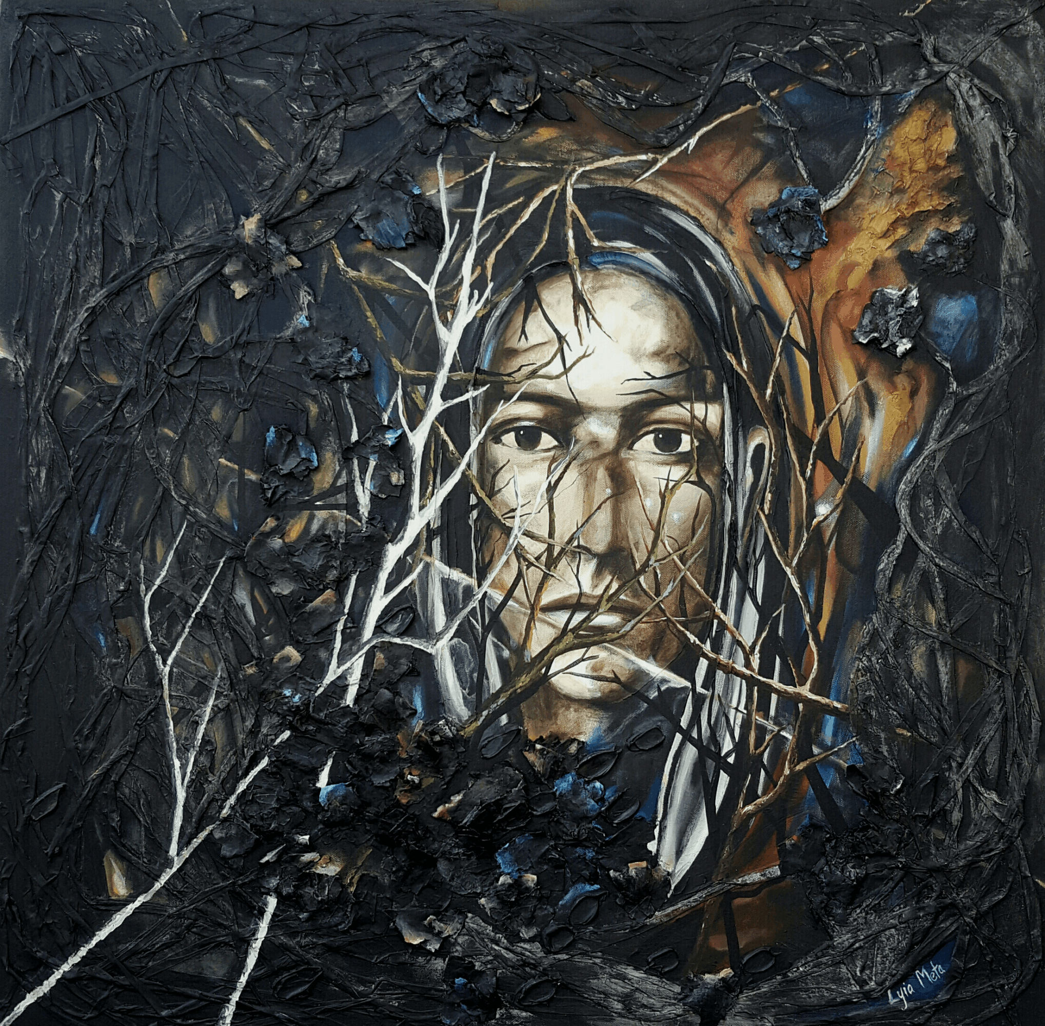 Portrait of a woman with dark hair, surrounded by black and white branches and abstract dark background.