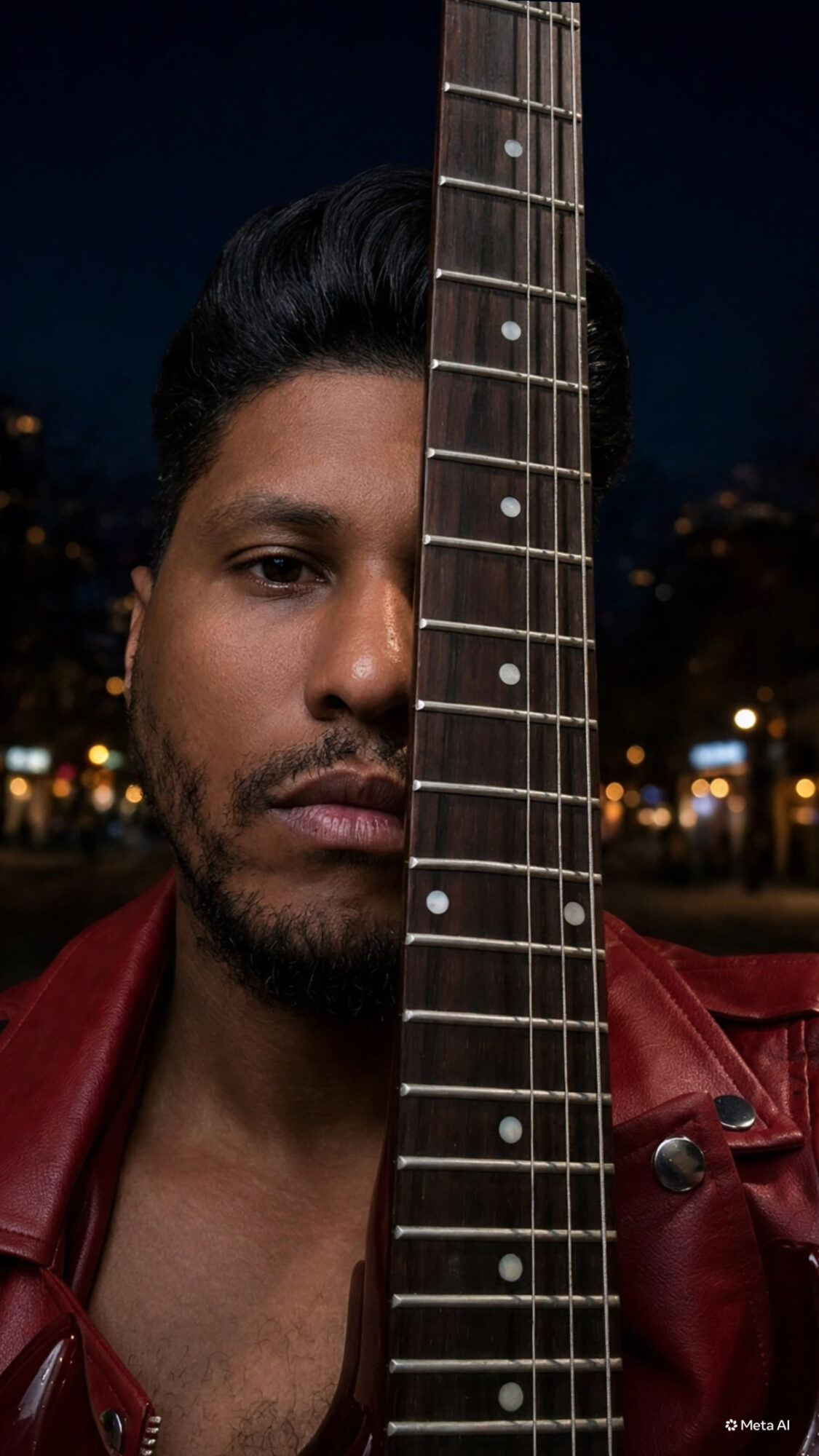 Person holding a guitar vertically, face partially visible behind the guitar neck, nighttime outdoor setting.