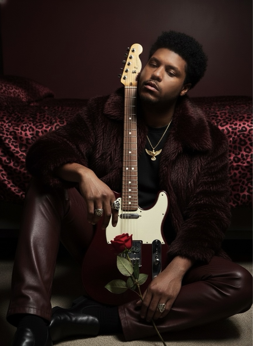 Person sitting with an electric guitar, holding a red rose, in a dark room with a velvet backdrop.