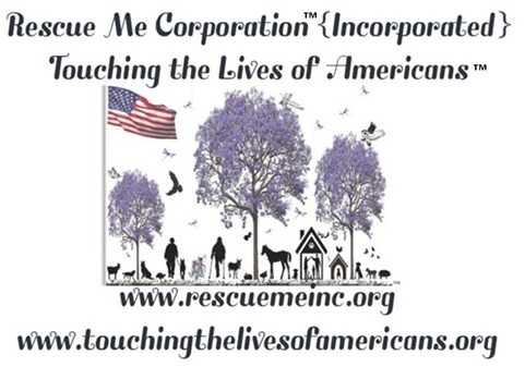 Logo with trees, a flag, people, animals, and buildings, with text about touching lives of Americans and rescue organization.