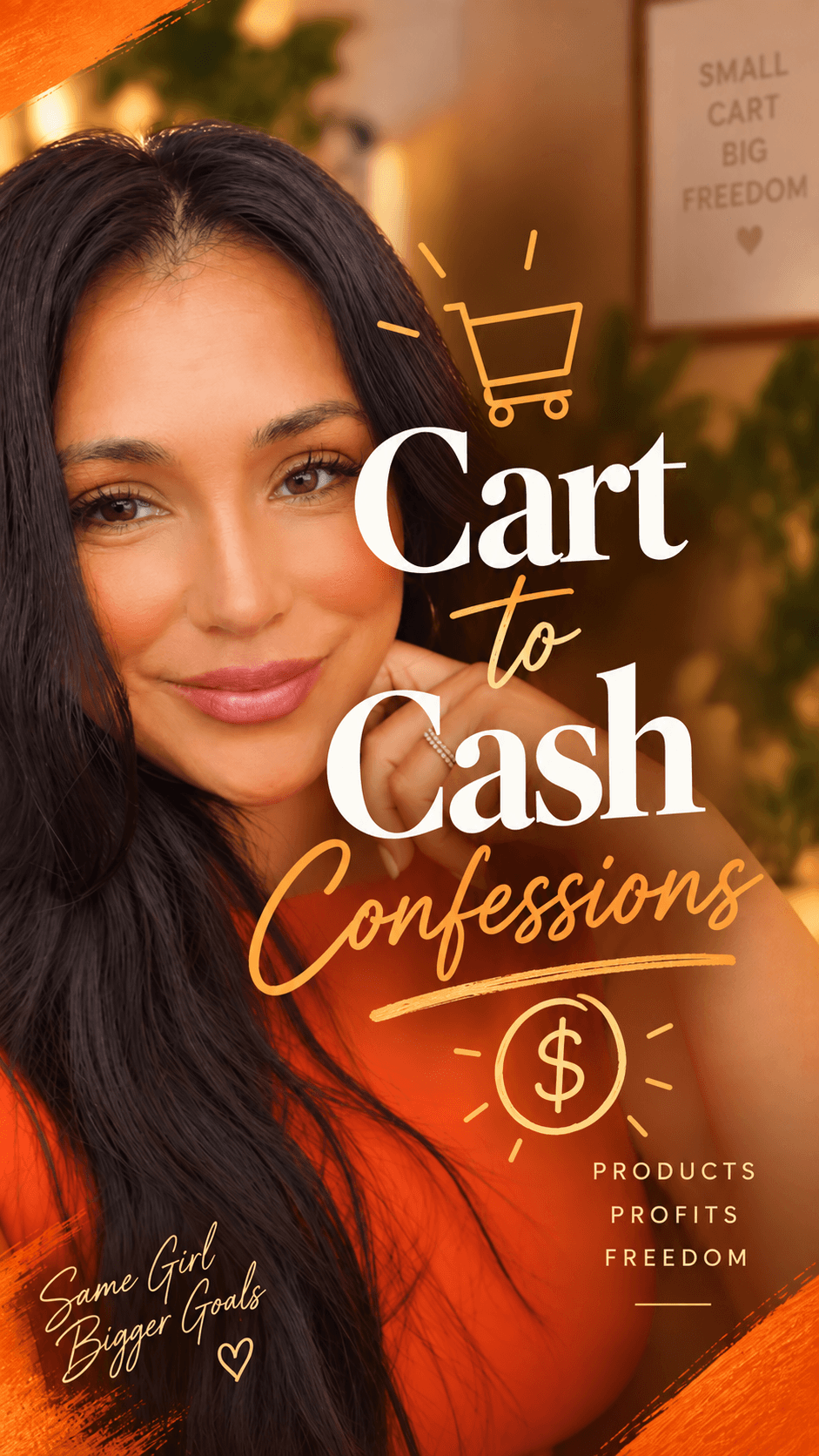 Close-up of a smiling woman with long dark hair, with text about shopping and profits, and a shopping cart icon.