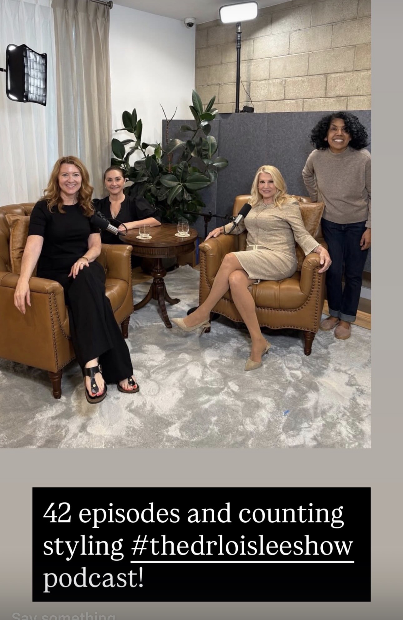Four women in a living room, three sitting on armchairs and one standing, with plants and a stone wall in the background.