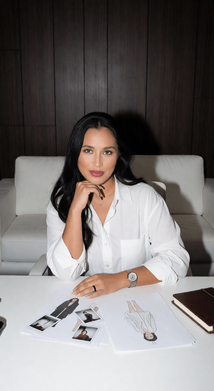 Woman with long dark hair wearing a white shirt, sitting at a desk with papers and a notebook, against a dark wooden wall.