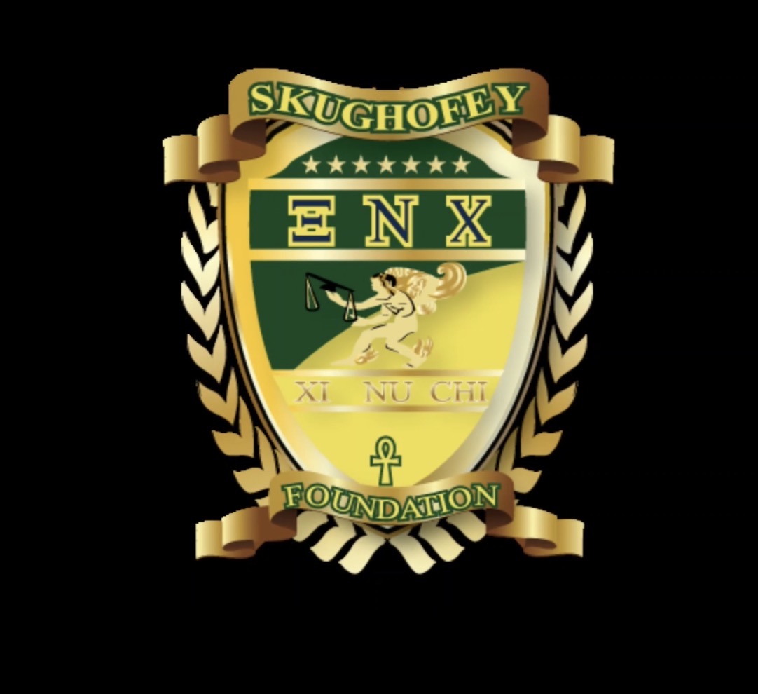 A shield-shaped emblem with a lion holding a spear, surrounded by a laurel wreath, and banners reading 'Skughofey ENX Foundation'.