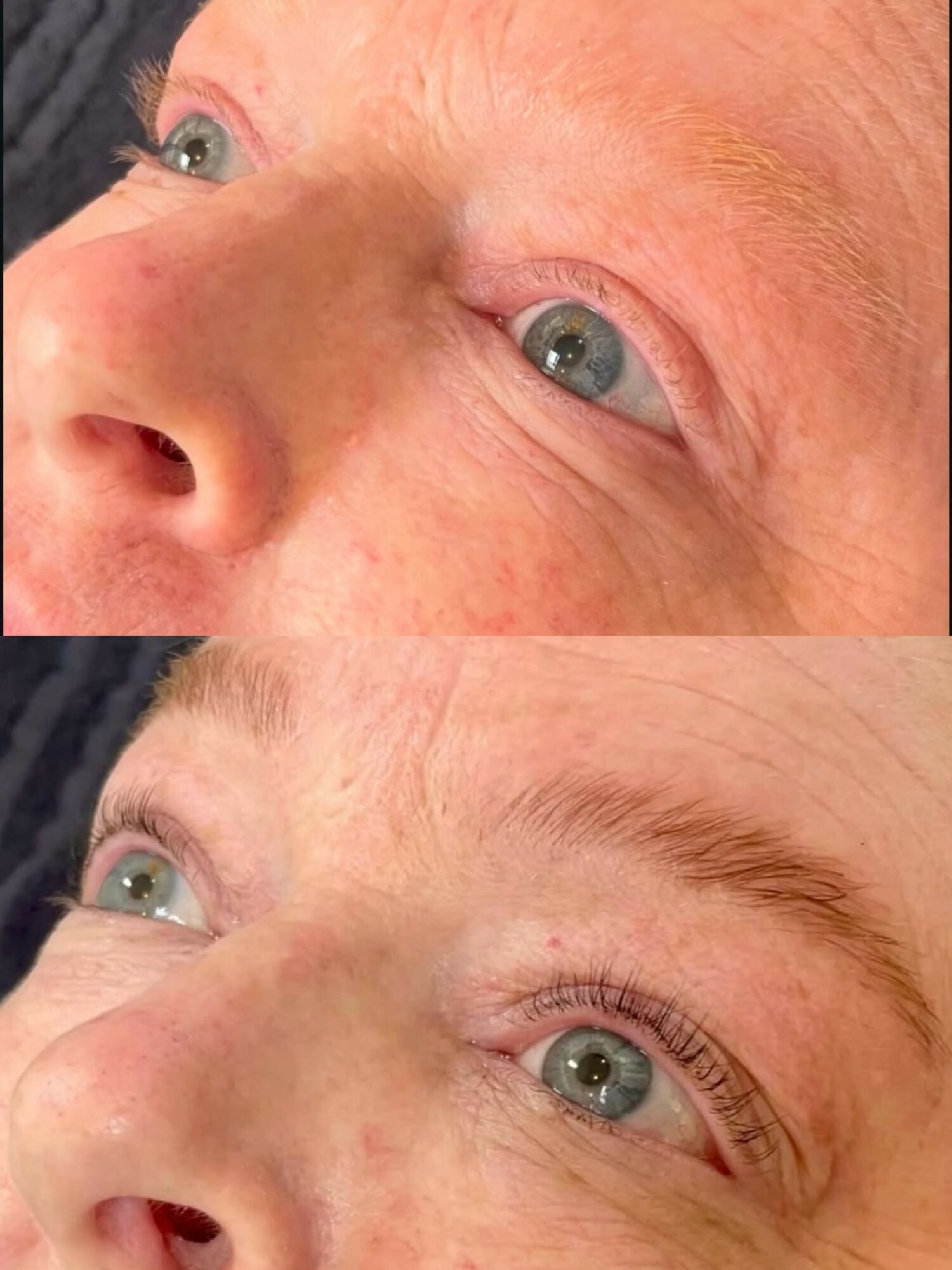 Close-up of a person's eye and eyebrow before and after eyebrow grooming, showing improved shape and neatness.